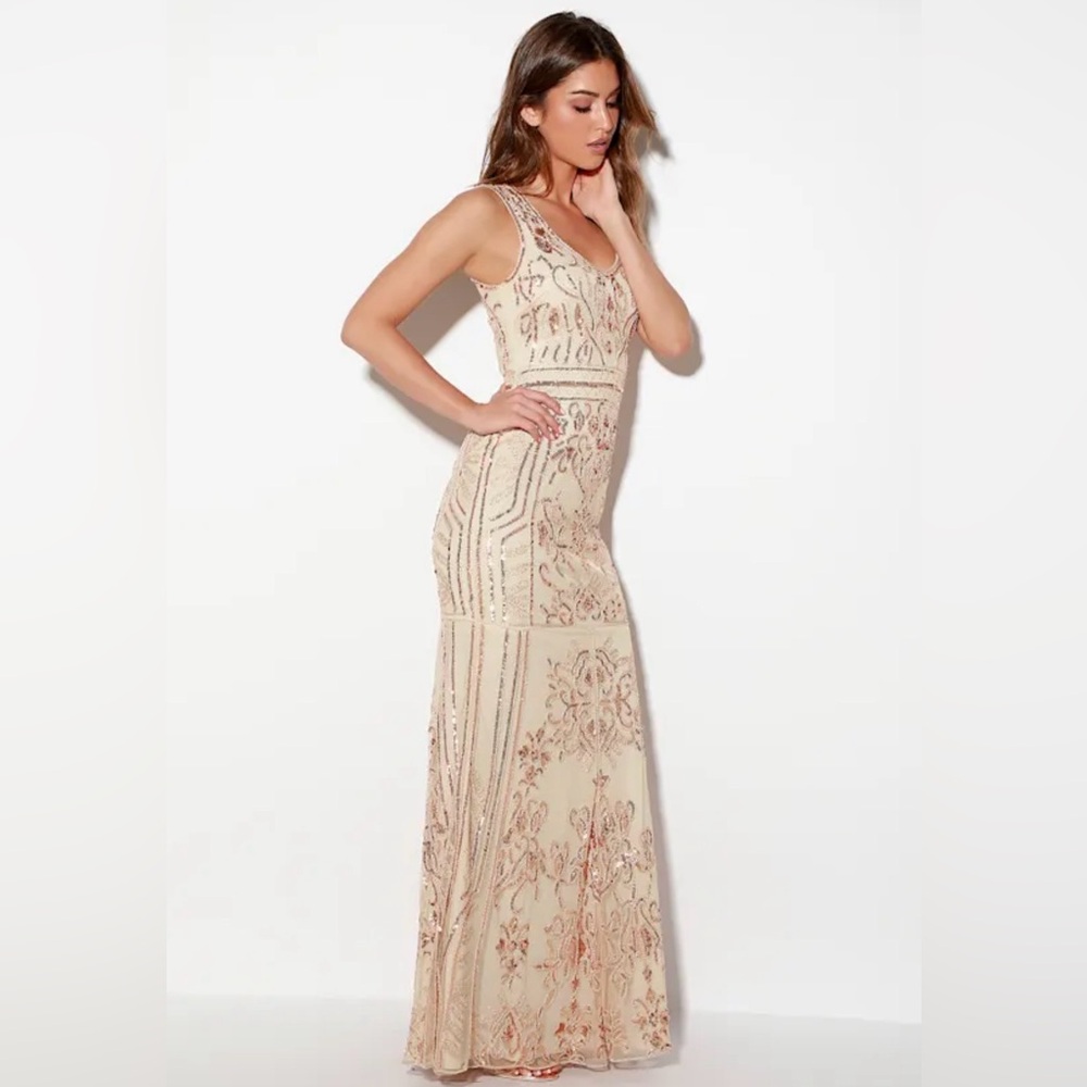 Lulu's Cream and Rose Gold Embellished Maxi Dress - Picture 2 of 3